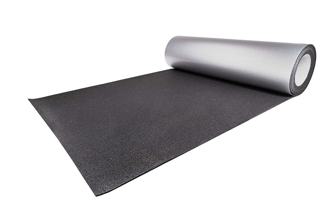 REGUPOL resist alu fire – Aluminum-Faced Fire-Resistant Rubber Mat for Construction & Roofing Rolled grey rubber mat with aluminum facing “REGUPOL resist alu fire” on a white background