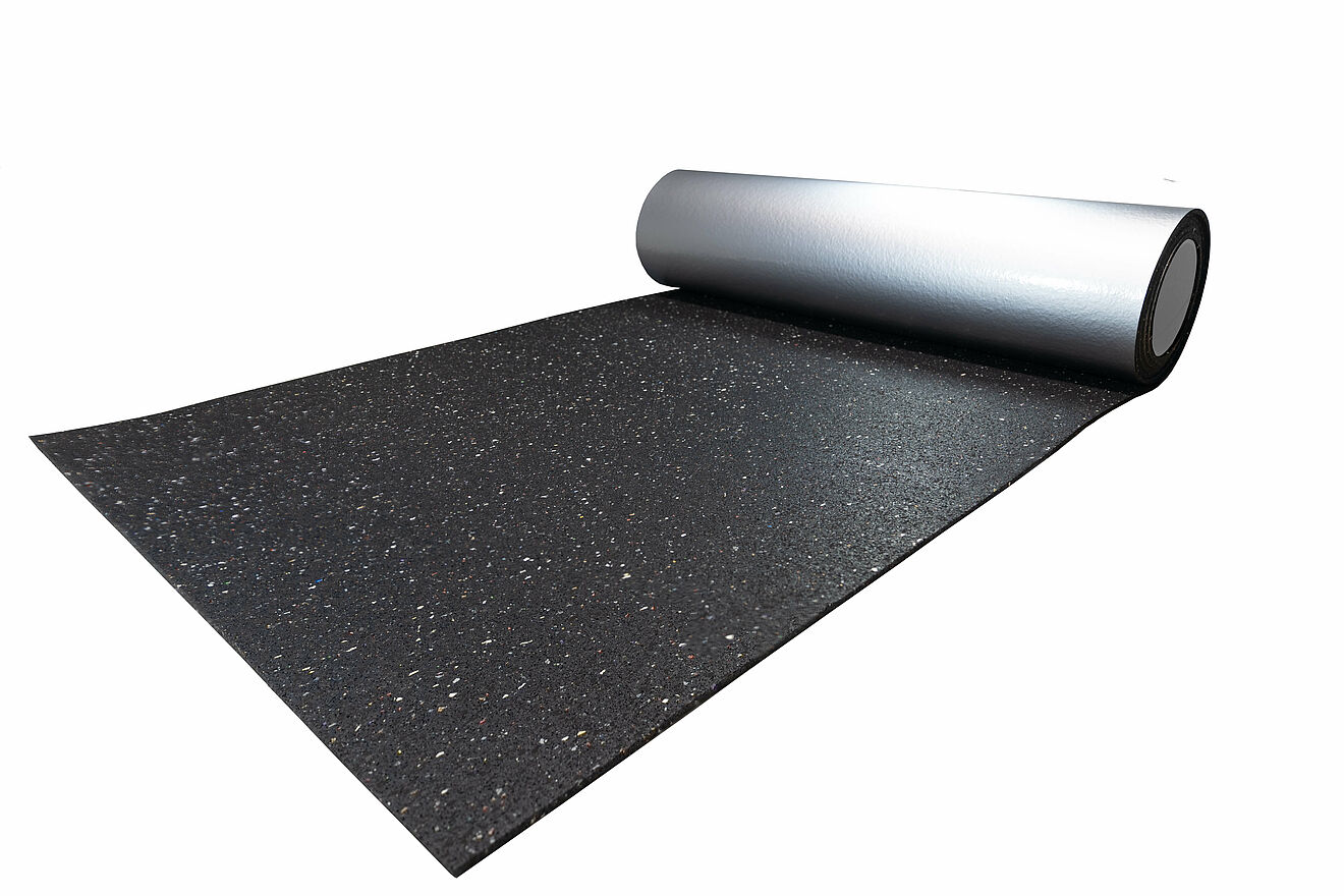 Rolled black terrace mat with aluminum facing “REGUPOL terrace alu” on a white background